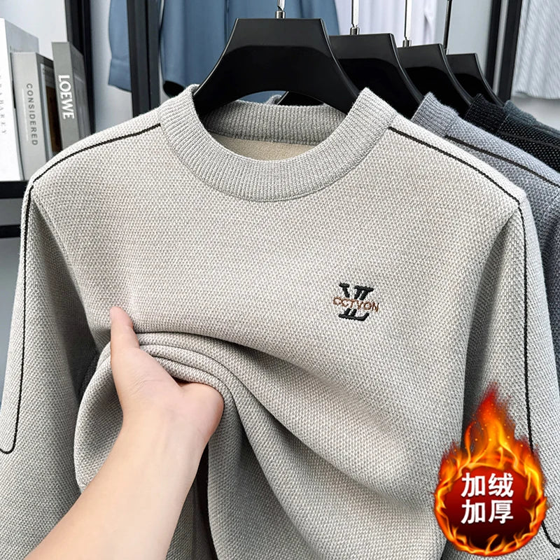 Winter 2025 Men's Sweater with Fleece and Mink Fur for Middle-aged Warmth, Integrated Fleece Base, Embroidered Round Neck Top
