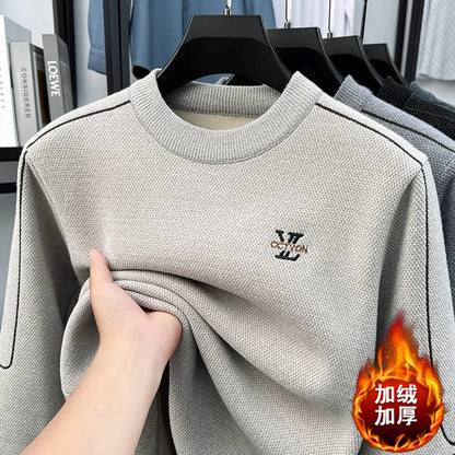 Winter 2025 Men's Sweater with Fleece and Mink Fur for Middle-aged Warmth, Integrated Fleece Base, Embroidered Round Neck Top
