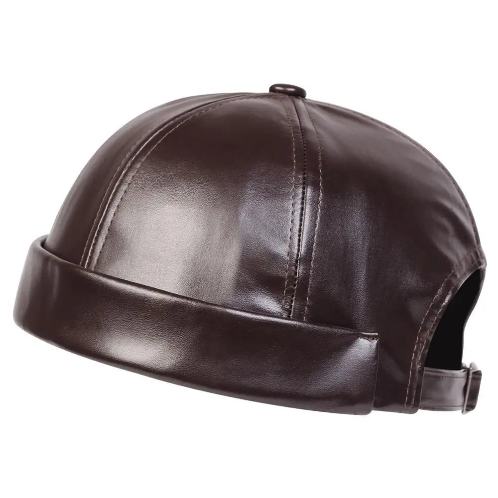 Vintage Brimless Hat Round Hat Pu Leather Landlord Cap Adjustable Melon Skin Hat Retro Docker Caps Hip Hop Hats Painter Cap