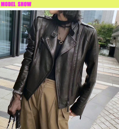 Leather Coat Women Short All-match European Fashion Biker Genuine Sheepskin Black Jackets Zipper Pocket Jaqueta Couro Feminina