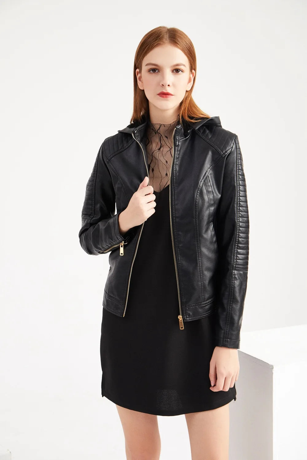 Faux Leather Women Coat Hooded Full Sleeve Slim Fit Solid Sexy Regular Jackets Zipper Casual Splice Coats Thick Warm Jacket