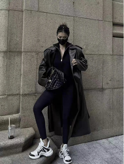 Women Faux PU Leather Coats Turn Down Collar Black High Waist Lace Up Long Jackets Casual Elegant Y2k Maxi Loose Windbreak