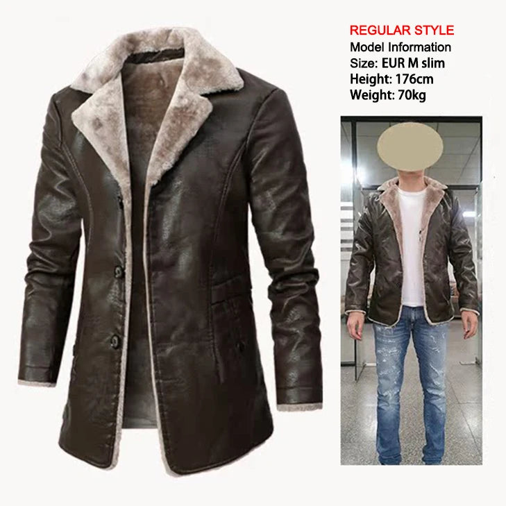 Winter Men's Leather Jacket Oversized Fur Long Coats High Quality PU Leather Thicken Fleece Casual Jacket Men Clothing A2F80818