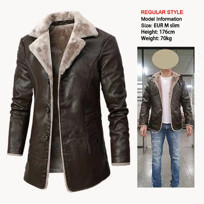 Winter Men's Leather Jacket Oversized Fur Long Coats High Quality PU Leather Thicken Fleece Casual Jacket Men Clothing A2F80818