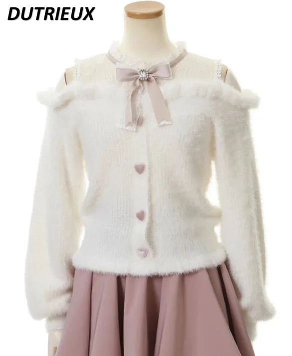 Sweet Lolita Winter Clothes Women Off Shoulder Sweater Pullover Student Elegant Long Sleeve Knitwear Bow Lace Waist Slim Sweater