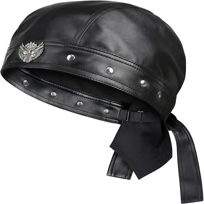 Leather motorcycle cap-adjustable motorcycle skull hat, comfortable fit, fashion motorcycle style bandana, suitable for cycling