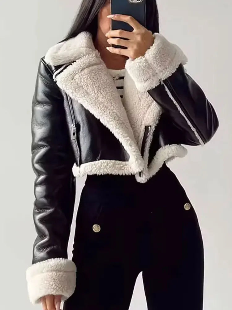 Winter Coat For Women 2024 Black Lapel Long Sleeves Female Zipper Short Jackets Top Streetwear Woman New In OuterCoat