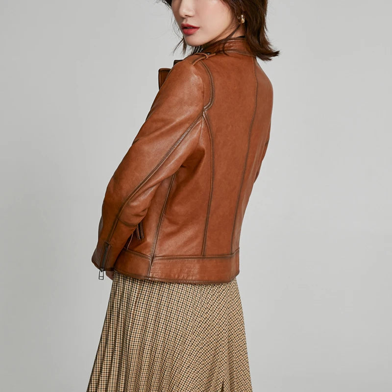 Leather Coat Women Short All-match European Fashion Biker Genuine Sheepskin Black Jackets Zipper Pocket Jaqueta Couro Feminina