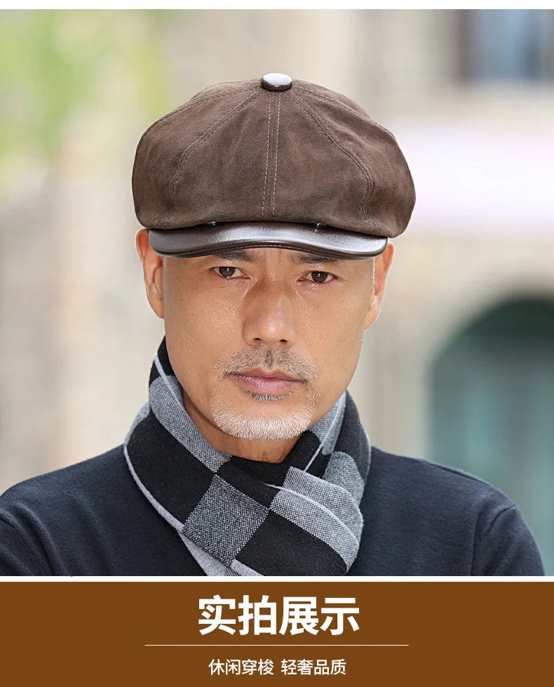 New Autumn Winter Natural Genuine Leather Caps For Men Suede Cowhide Leather Warm Berets Women's Hats British Fashion Golf Cap