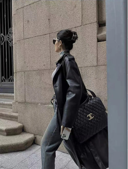 Women Faux PU Leather Coats Turn Down Collar Black High Waist Lace Up Long Jackets Casual Elegant Y2k Maxi Loose Windbreak