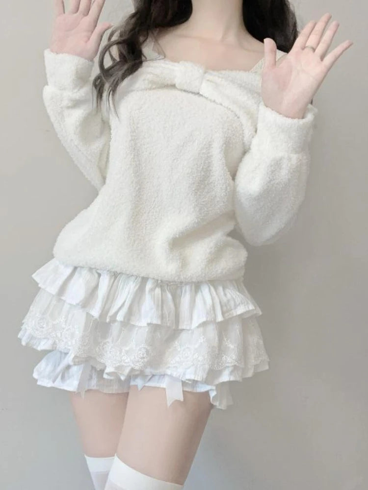 Winter Kawaii Sweet Off Shoulder Loose Sweater Women Design Warm Long Sleeve White Fashion Lovely Pullover Chic Bow Outfits New