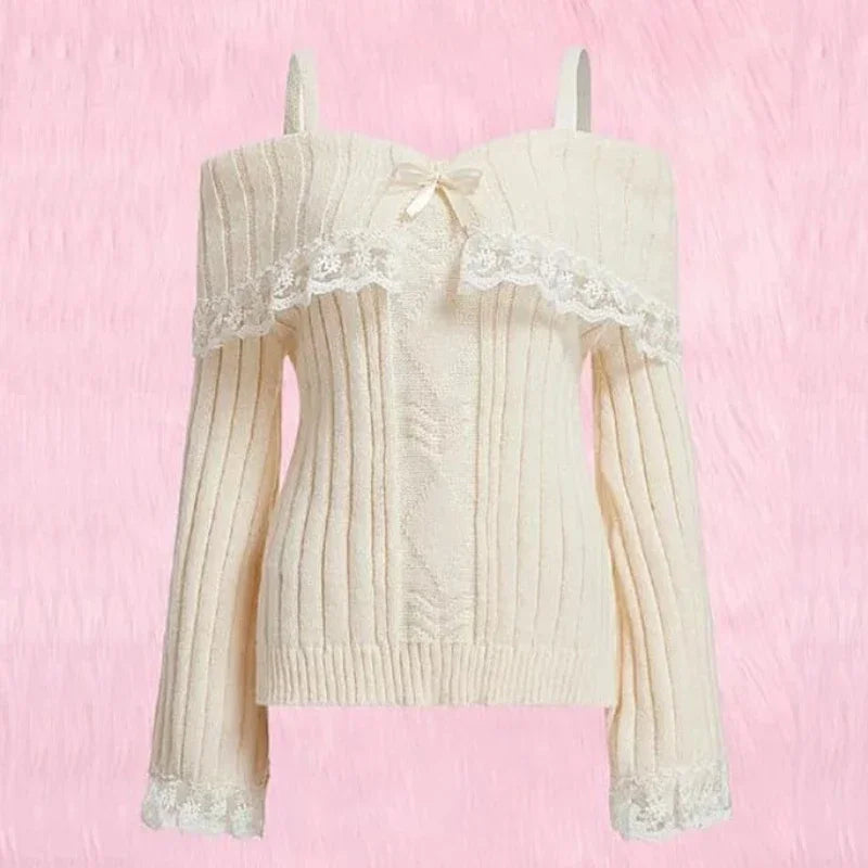 Sweet And Fresh Women's Sweater 2024 Autumn And Winter Bow Solid Color Cute Lace Single Shoulder Strap Sweater Girlish Style.