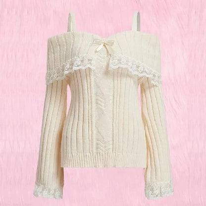 Sweet And Fresh Women's Sweater 2024 Autumn And Winter Bow Solid Color Cute Lace Single Shoulder Strap Sweater Girlish Style.