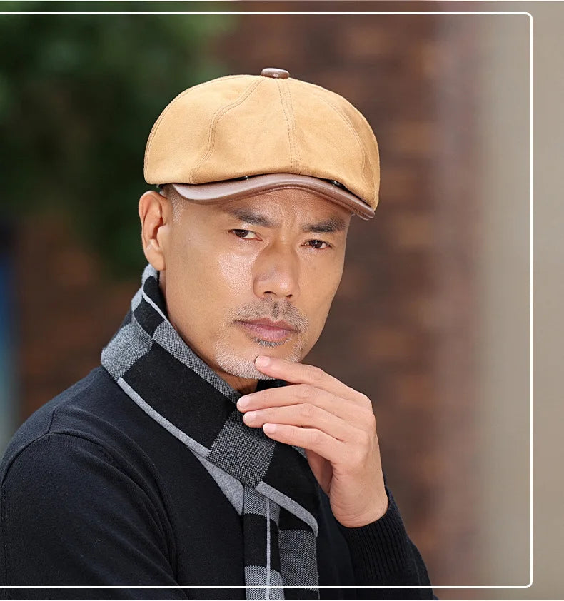 New Autumn Winter Natural Genuine Leather Caps For Men Suede Cowhide Leather Warm Berets Women's Hats British Fashion Golf Cap