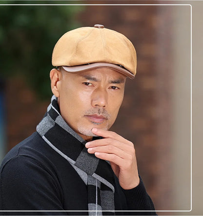 New Autumn Winter Natural Genuine Leather Caps For Men Suede Cowhide Leather Warm Berets Women's Hats British Fashion Golf Cap