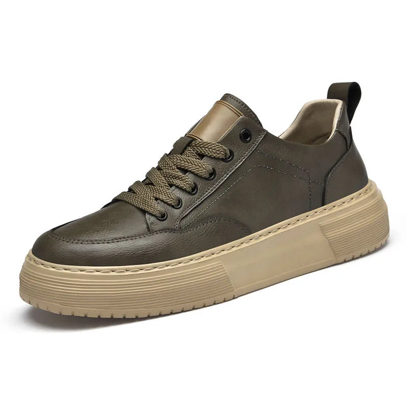 Genuine Leather Men's Casual Shoes, Thick-soled, Anti-slip, Wear-resistant, Height-increasing, Street Fashion, Retro Board Shoes