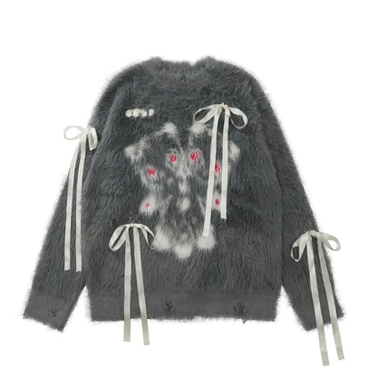 American sweet and cool bow sweater women's autumn and winter new loose soft waxy retro loose sweater outside the coat.