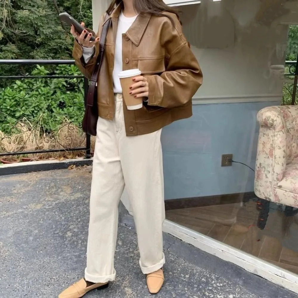 Fashion Lapel Collar Leather Jacket Women Outerwear Retro Vintage PU Coats Korean Chic Windbreaker Jackets Autumn/Winter