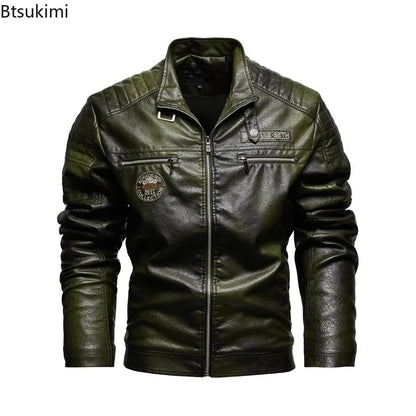 2025 Leather Jackets Men's Autumn Winter Fleece Motorcycle PU Leather Jackets Vintage Casual Stand Collar Windbreaker Slim Coats