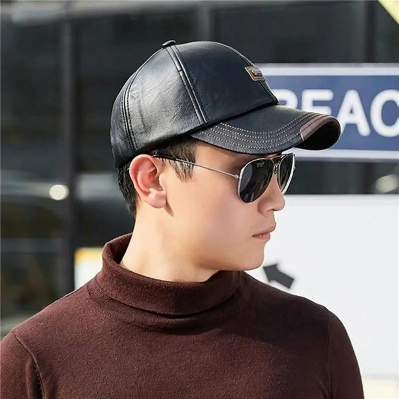 Baseball Cap Casual Fashion Hat Autumn And Winter Thin Plus Velvet Leather For Men New