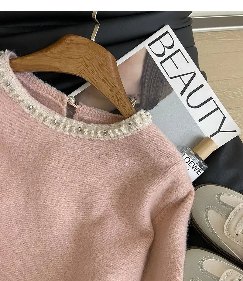 New Winter Sweet Loose Beaded Ruffled Pink Sweater for Women Fashion Versatile Casual and Elegant Knitted Sweater