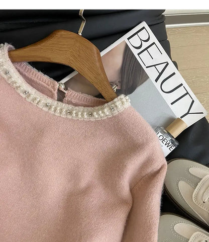 New Winter Sweet Loose Beaded Ruffled Pink Sweater for Women Fashion Versatile Casual and Elegant Knitted Sweater