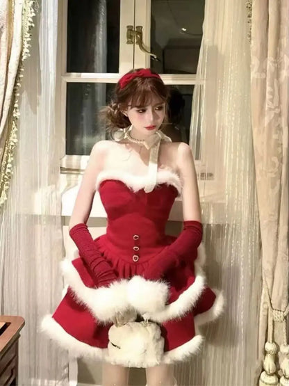 Winter Christmas Sweet 2 Piece Set Women Design Faux Fur Cape Coat + Short Party Dresses Japanese Fashion Elegant Kawaii Outfits