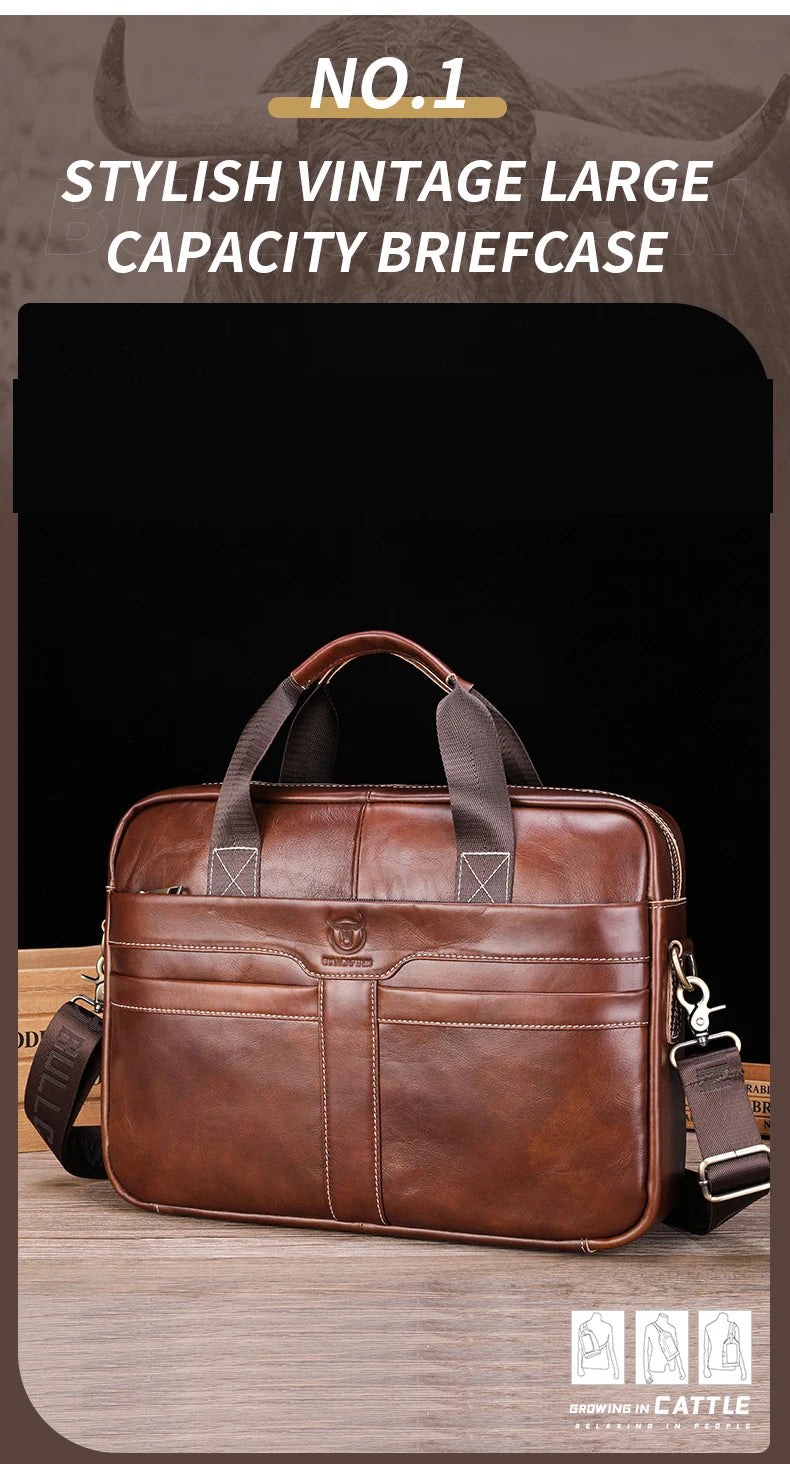 BULLCAPTAIN Leather Laptop Bag, Top Layer Leather 15" Laptop Bag Men's Laptop Briefcase Briefcase Work Business Travel Bag 053