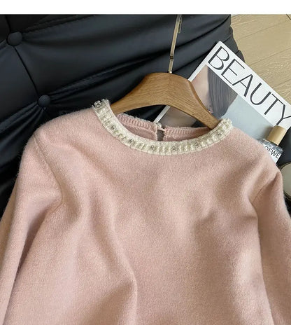 New Winter Sweet Loose Beaded Ruffled Pink Sweater for Women Fashion Versatile Casual and Elegant Knitted Sweater