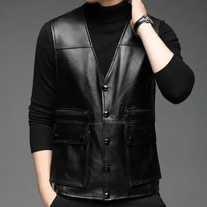 Genuine Leather Motorcycle Vest Mens sheepskin Leather Waistcoat biker sleeveless jacket clothing chaleco bullet proof club vest