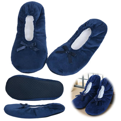 Women Ballerina Slippers with Satin Bow Winter Slippers Comfortable Warm Ballet Flats Girls Plush Slippers