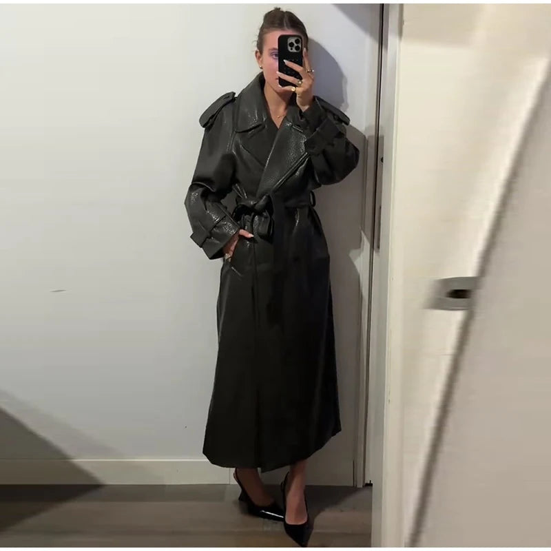 Elegant Women's Double Breasted Long Leather Coat With Belt Lapel Full Sleeve Pockets Jacket 2025 Autumn Winter Lady Outwear New