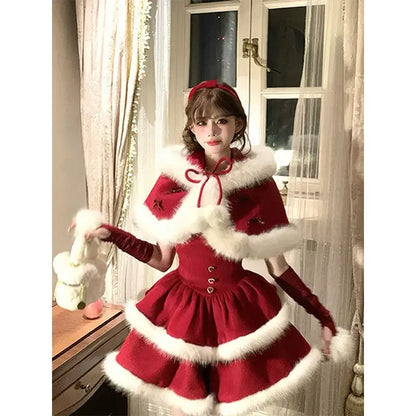Winter Christmas Sweet 2 Piece Set Women Design Faux Fur Cape Coat + Short Party Dresses Japanese Fashion Elegant Kawaii Outfits