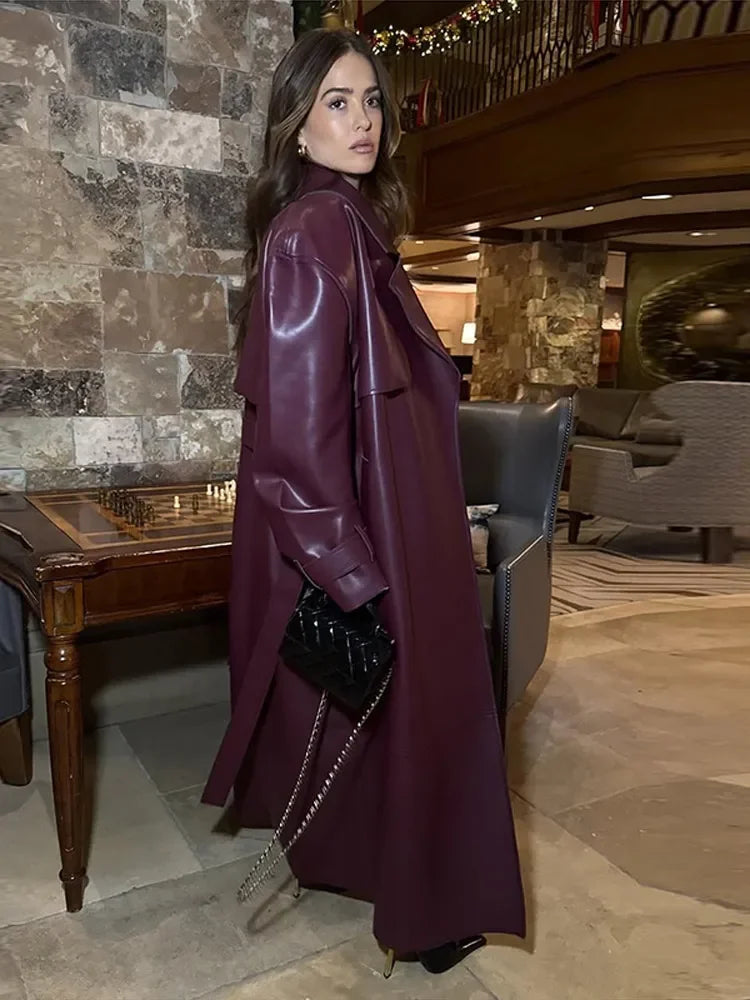 Fashion PU Leather Long Overcoats With Belt Women Luxury Lapel Button Oversize Jackets Female 2025 Autumn High Street Outerwear