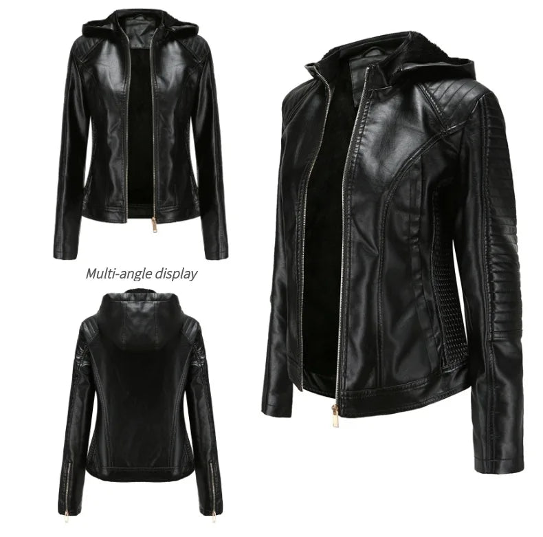 Faux Leather Women Coat Hooded Full Sleeve Slim Fit Solid Sexy Regular Jackets Zipper Casual Splice Coats Thick Warm Jacket