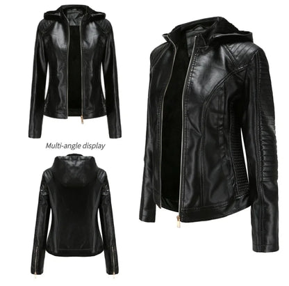 Faux Leather Women Coat Hooded Full Sleeve Slim Fit Solid Sexy Regular Jackets Zipper Casual Splice Coats Thick Warm Jacket