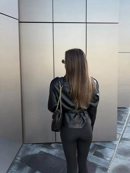 2026 Autumn Winter New Fashion Belt Leather Jacket Coats Women Long Sleeve Windbreaker Black Coat Female Streetwear Leather Coat