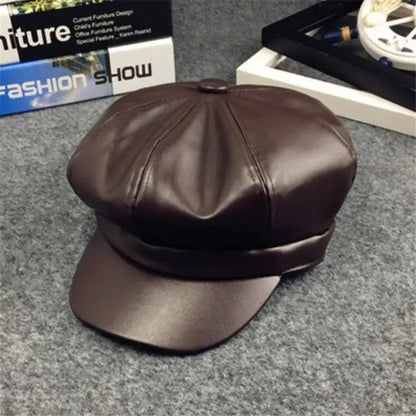 Kids Boys Girls PU Leather Hat 2024 New Arrival Children Princess Retro Beret Cap British Style Plaid Striped Cap Steetwear Hat