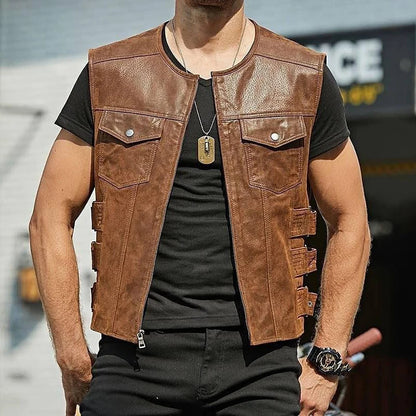 Leather Vest Jacket Men's Motorcycle Style Zipper Slim Sleeveless PU Coats Streetwear Men Clothing Fashion Cycling Short Jackets