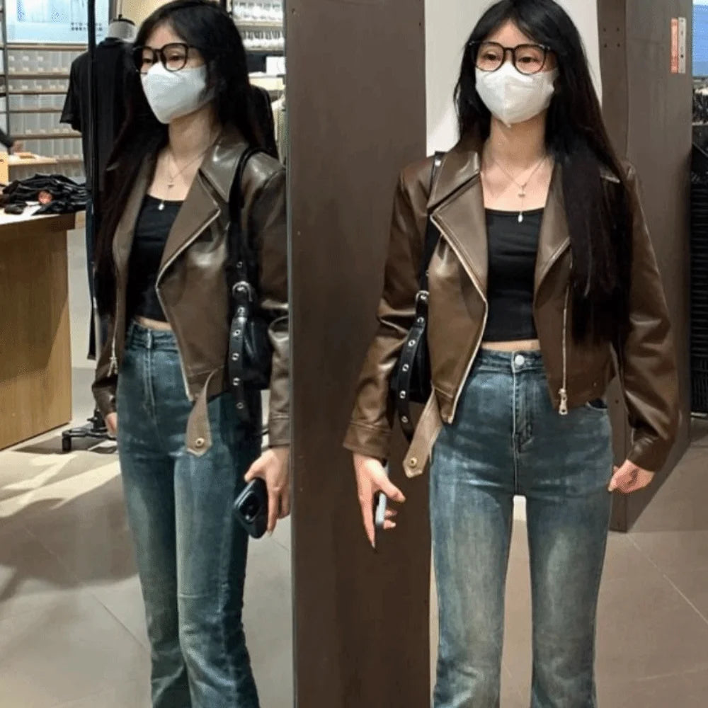 Classic Pleated Leather Jacket Women Korean Chic Outerwear Vintage PU Coats Lapel Collar Zipper Overcoat Streetwear