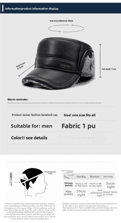 Mens Leather Flat Top Baseball Cap Warm Ear Hat for Elderly in Autumn Winter Thickened Fleece-lined Cold Cap