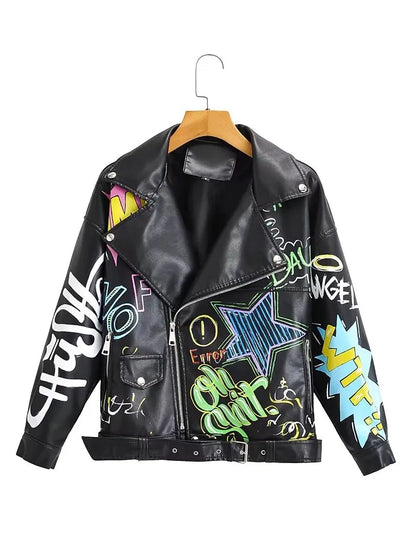 Fashion Brand Coat PU Leather Jacket Women Colorful Print Graffiti Soft Punk Coats Slim Locomotive Cropped Jacket Leather Top 1