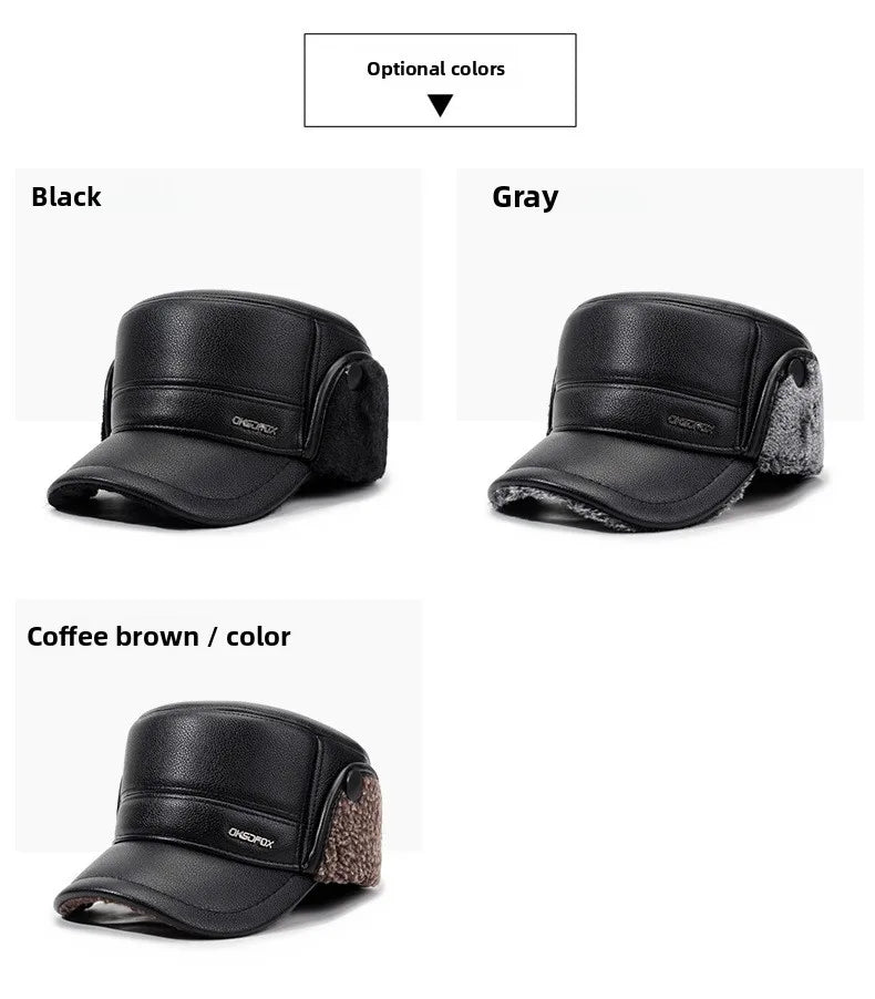 Mens Leather Flat Top Baseball Cap Warm Ear Hat for Elderly in Autumn Winter Thickened Fleece-lined Cold Cap