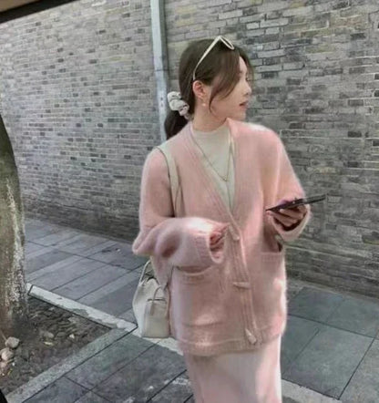 Ladies Sweaters Winter Button Knitted Top for Women White Cardigan 2025 New Collection Jumper Long Sleeve Knitwear Korean Luxury