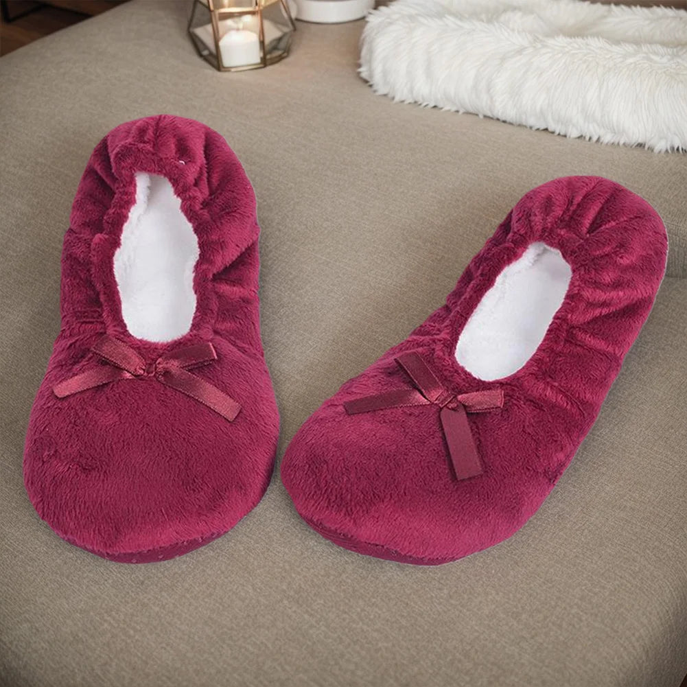 Women Ballerina Slippers with Satin Bow Winter Slippers Comfortable Warm Ballet Flats Girls Plush Slippers