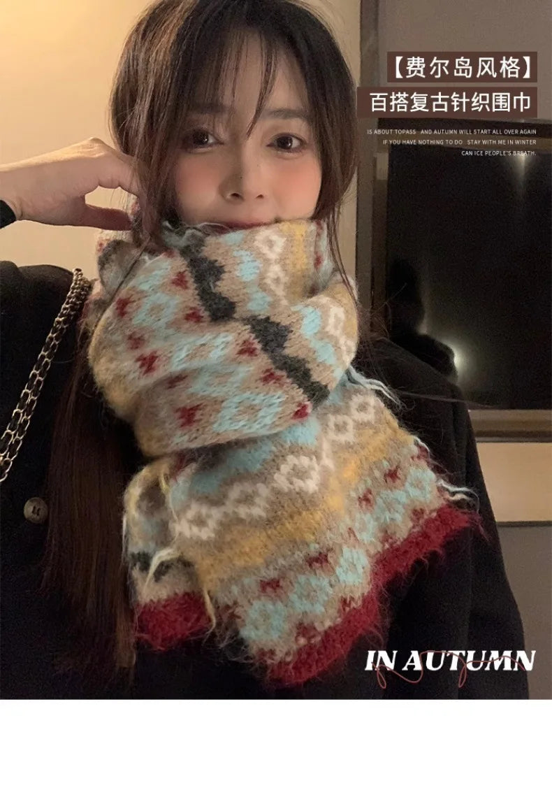 Women's Winter Scarf Sweet Style Warm Scarf Knitted Wool Scarf  Winter High End Retro Thickened Warm Woolen Scarf Fashion Scarf