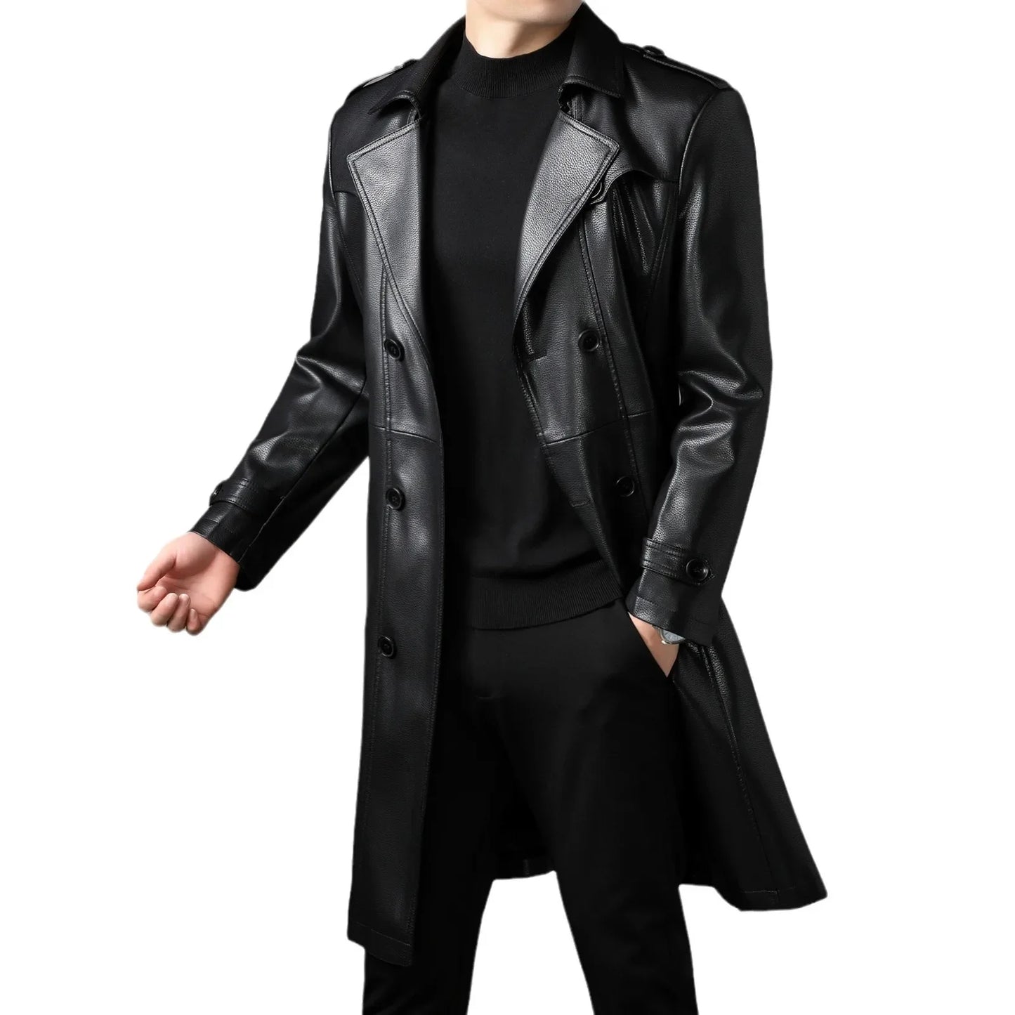 High Quality Knee-Length Men's Leather Overcoat for Autumn & Winter Double Breasted  Business Windbreaker Leather Coats PU-026