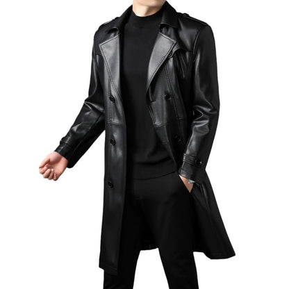 High Quality Knee-Length Men's Leather Overcoat for Autumn & Winter Double Breasted  Business Windbreaker Leather Coats PU-026