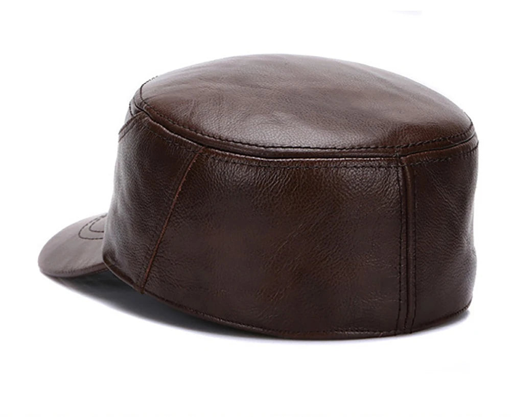 New Real Cow Leather Flat Cap Earflap Cap Men Real Leather Hats Fall Winter male 100% Genuine Real Cowhide Leather Military Caps