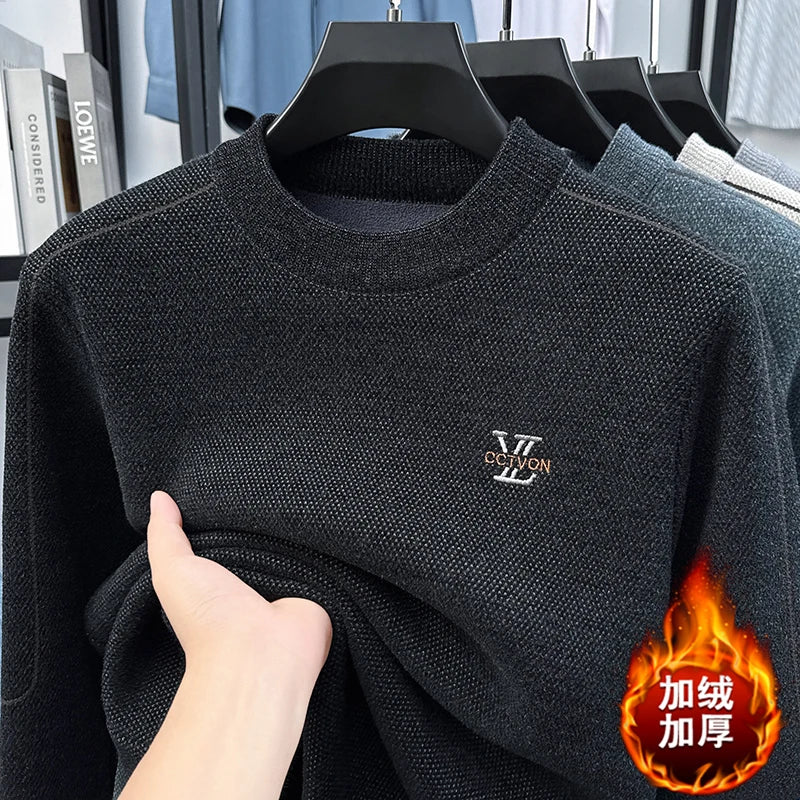 Winter 2025 Men's Sweater with Fleece and Mink Fur for Middle-aged Warmth, Integrated Fleece Base, Embroidered Round Neck Top
